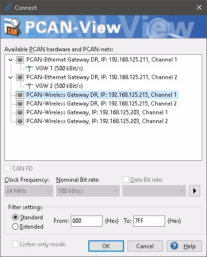 PCAN-View — Connexion aux PCAN-Gateways